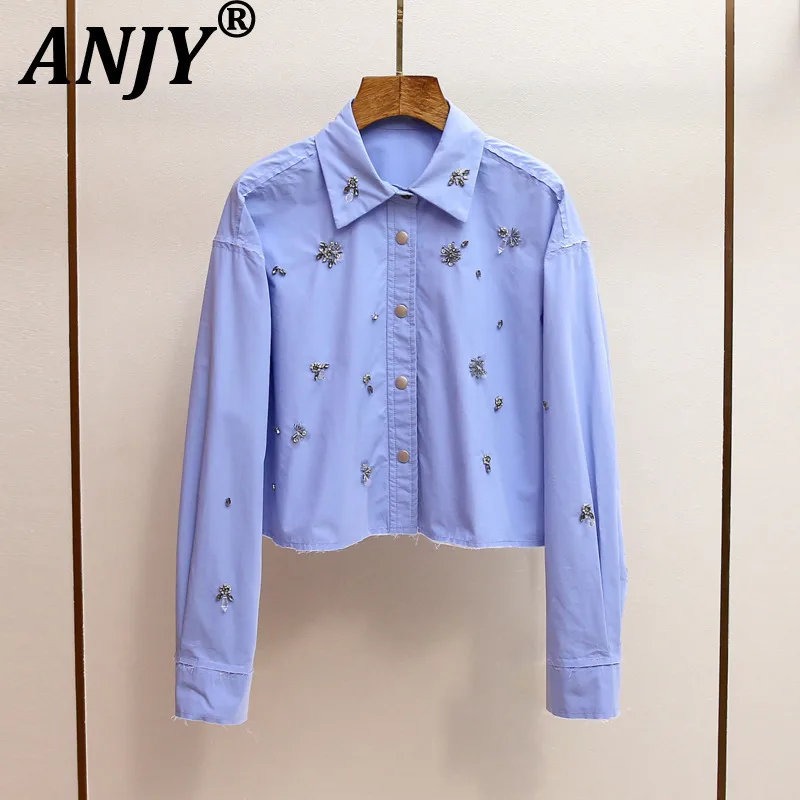 

ANJY, осенне-зимняя новая женская футболка высокого класса во французском стиле, трендовая короткая рубашка с тяжелым бисером, модный элегантный темпераментный топ A15284