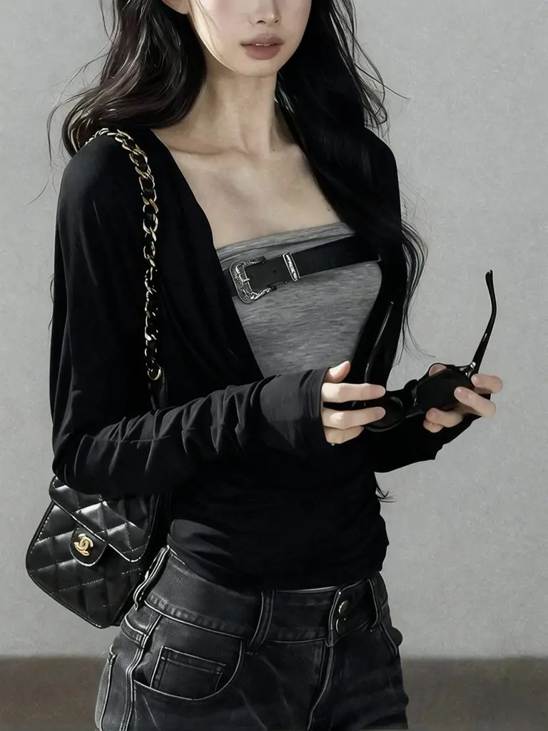 Cool Black Belt Fake Two Piece Long Sleeve Tops Women Cowl Neck Cropped T Shirt Basic Tees Streetwear Spring Fall Chic Outwear