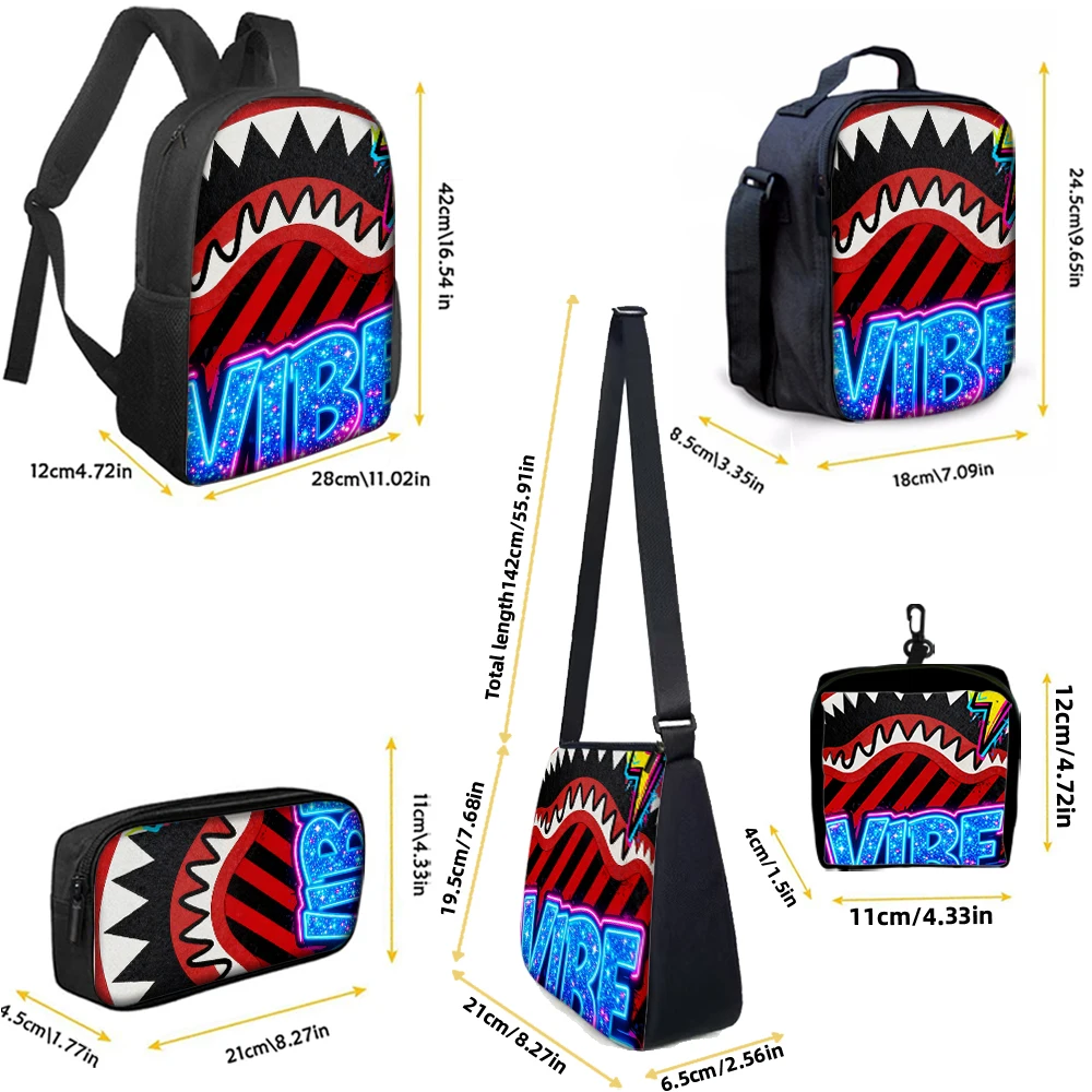 1/2/3/4/5PCS Trendy Shark Graphic Backpack Set | Perfect for School & Daily Adventures