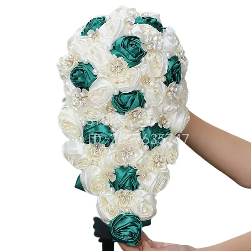 Dark Green Cream Rhinestone Hand Bouquet Water Drop Waterfall Bridal Wedding Bouquet for Bride W3016
