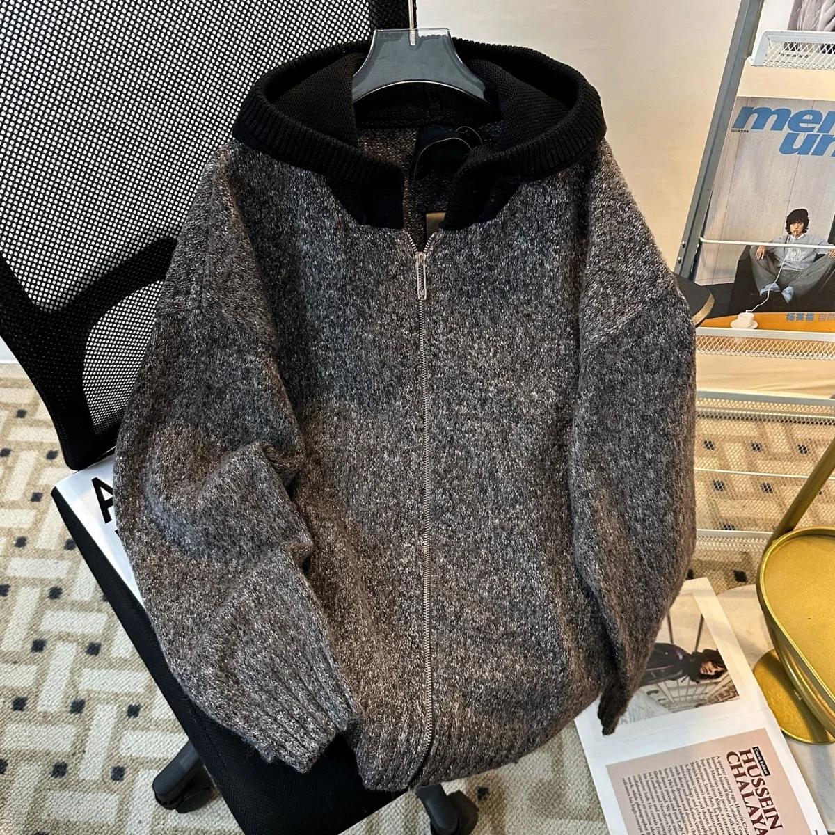 

Retro American Streetwear Sle Zipper Hoodie Cardigan Men's Women's Color Blo Loose Outerwear Casual Knitted Sweater