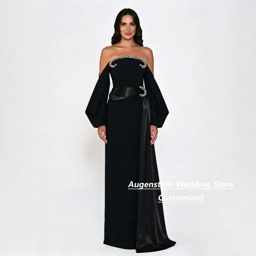 Vestido Personalizado Negro con Hombros Descubiertos, Mangas Abullonadas, Cinturón con Cuentas, para Madre de la Novia, con Fajín de Satén, para Invitadas de Boda, Fiesta Formal, Tallas Grandes