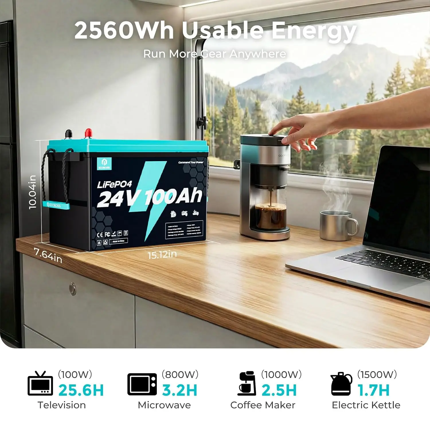 24V 100Ah LiFePO4 Battery 2560Wh Deep Cycle 100A BMS 15000+ Cycles Low-Temp Cutoff Solar RV Backup Off Grid, Customized