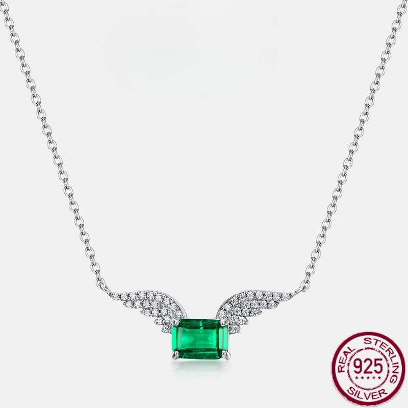 

New S925 sterling silver emerald necklace, angel wing sweater necklace, vintage European and American style wedding jewelry