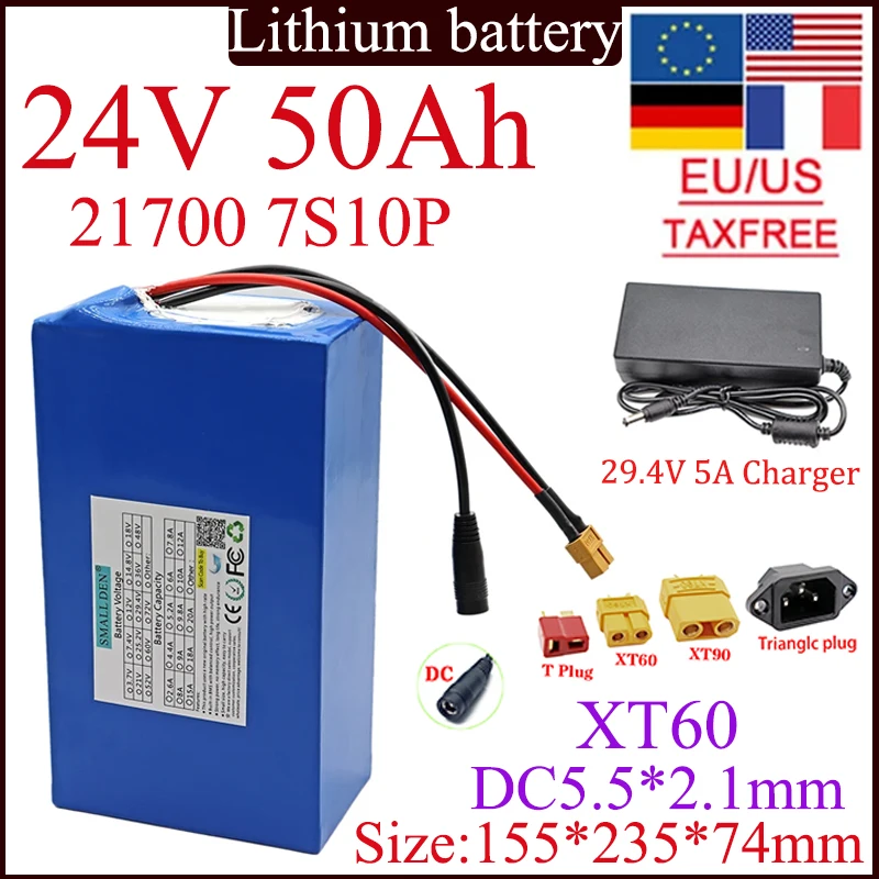 21700 7S10P 24V 50Ah Lithium battery pack 0-1000W High Power for 50000mAh High Capacity Backup power supply +charger