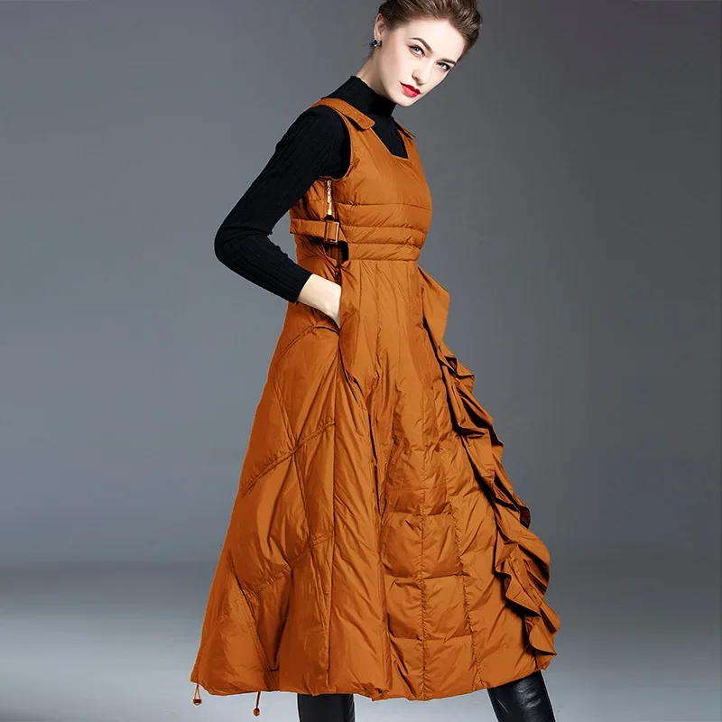 Women White Duck Down Vest Dresses Autumn Winter Clothing  Medium-length Fashion Slimming Light Ruffled Edges Warm Thick