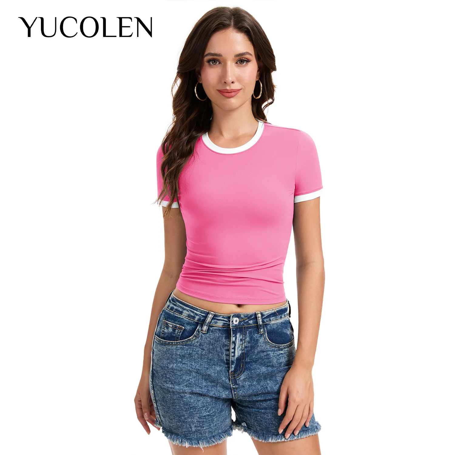 YUCOLEN Womens Y2K Ringer Crop Top Crew Neck Short Sleeve Contrast Trim Fitted Shirt High Stretch Soft Knit Bodycon Cropped Tee