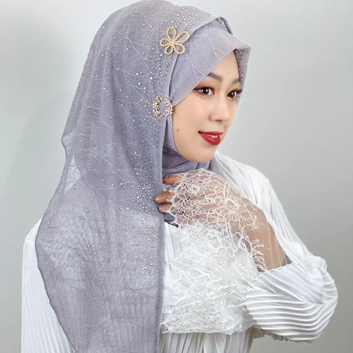 Neue malaiische Ärmel Kopftuch Gitter strukturierte Frauen Kopftuch helle Diamant Wrap Schal Pailletten Turban Hijab lang