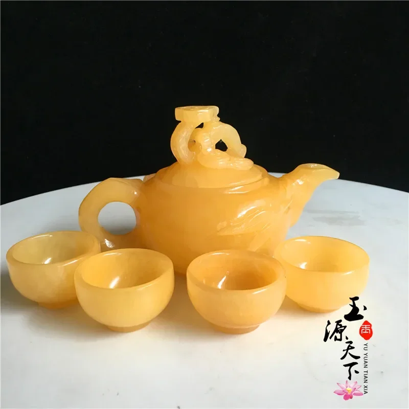 

Natural jade gift ornaments beige jade tea set Ruyi hip flask teapot teacup jade business gifts