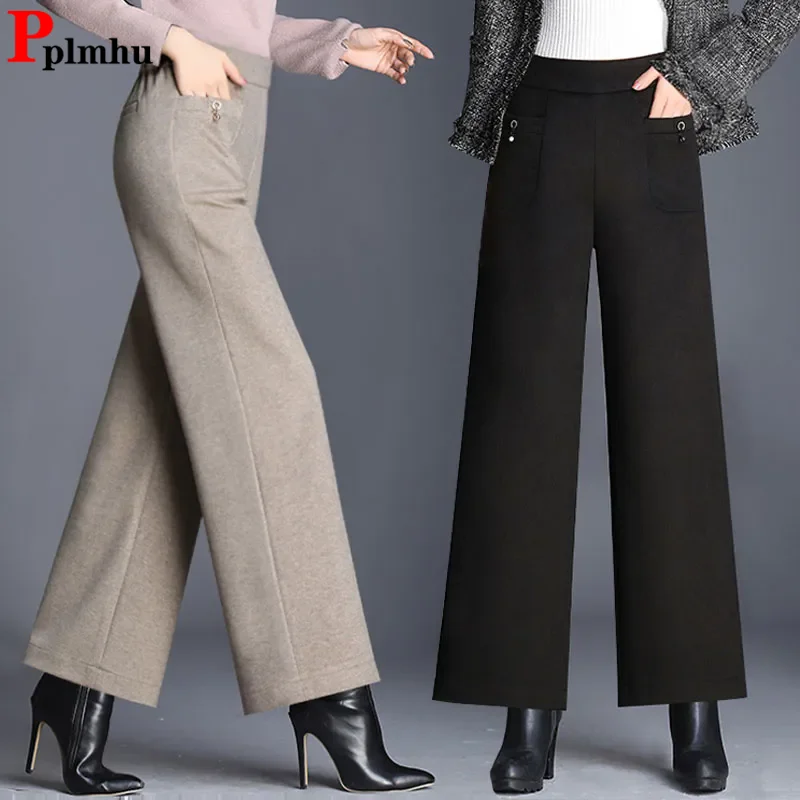 

Fall Winter Thick Woolen Wide Leg Pants Women Casual High Waist Loose Straight Pantalones Korean Wool Blend Ankle Length Calca