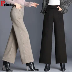 Fall Winter Thick Woolen Wide Leg Pants Women Casual High Waist Loose Straight Pantalones Korean Wool Blend Ankle Length Calca