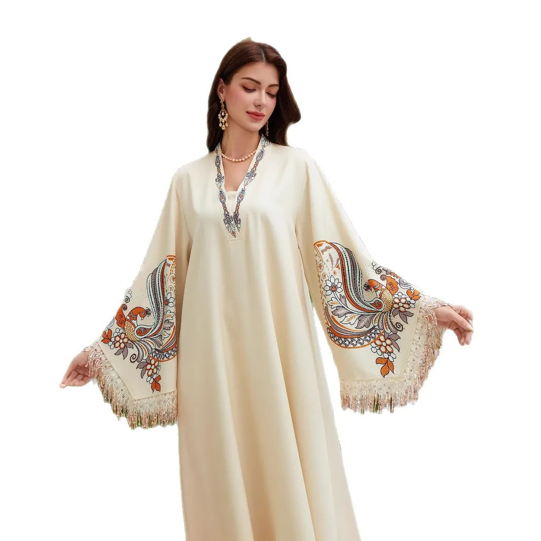 Middle East Cross Border Muslim Women's Robe V-Neck Printed Tassel Temperament Arabian Dress Abaya cw03716