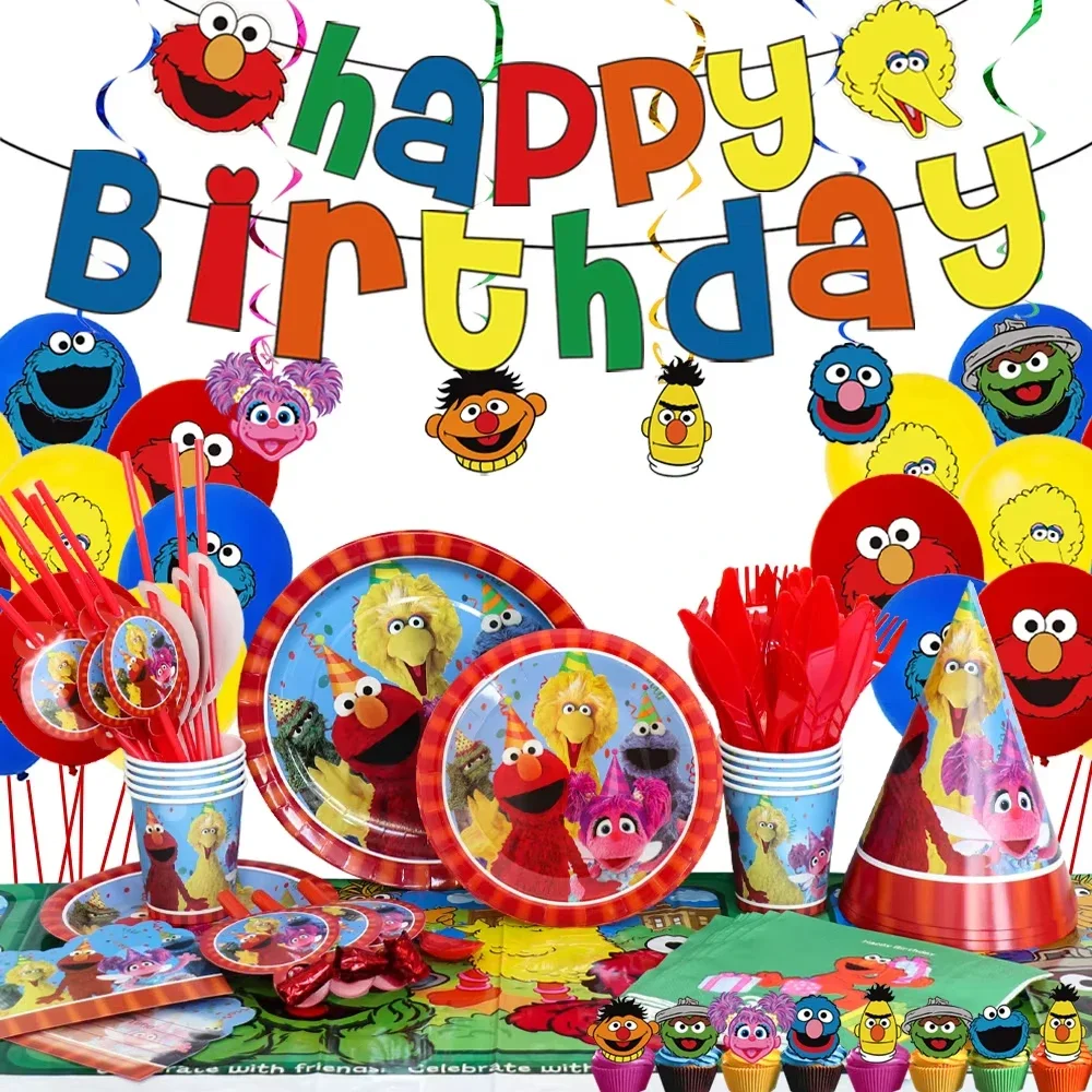 Cartoon Sesame-Street Party Deko-Set: Teller, Becher, Kuchenaufsatz, Ballons, Hintergrund für Partyzubehör