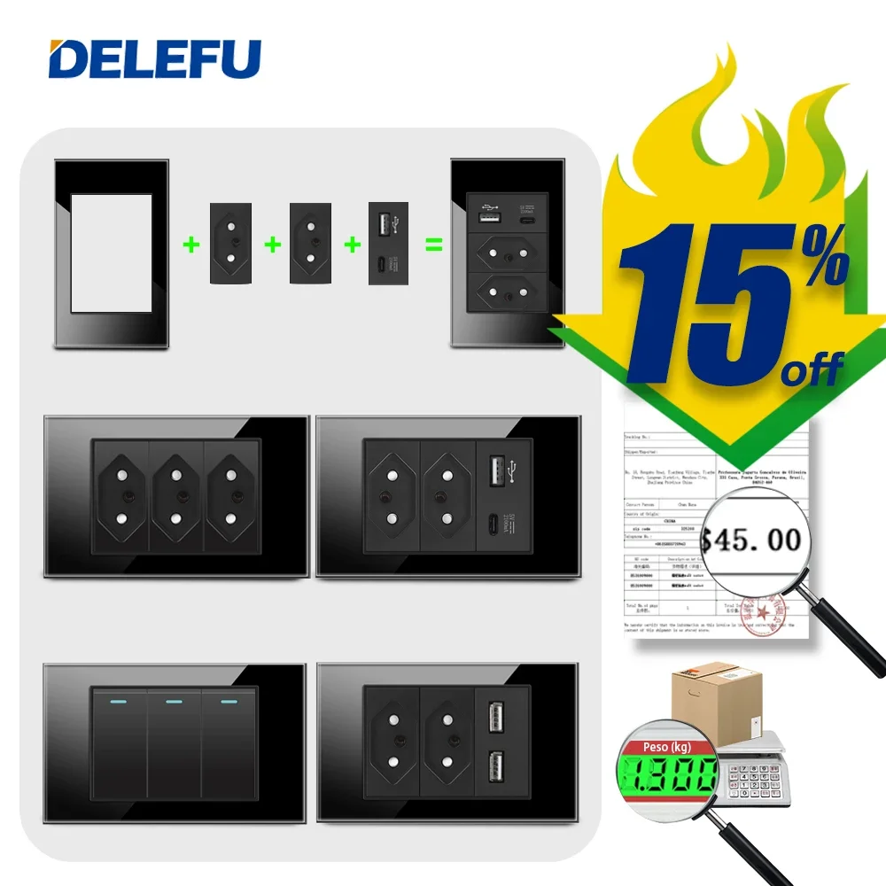 

DELEFU Black Tempered Glass Panel Tpye-c USB Brazil Standard Wall Socket Package, 3gang Wall Switch, More Discounts.