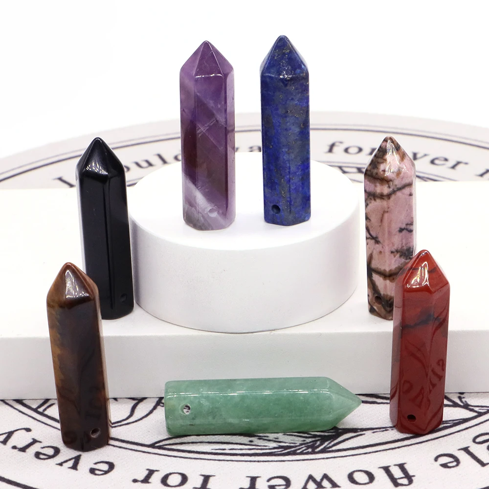 Point Wand With Hole Natural Stone Crystals Reiki Healing Energy Gemstones Tower Crafts Hexagonal DIY Pendant  Jewelry Wholesale