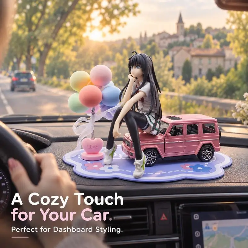 Adorable Anime Girl Pink Car Dashboard Decor Set with Balloon Resin Figurine Car Interior Ornament Gift for Friends