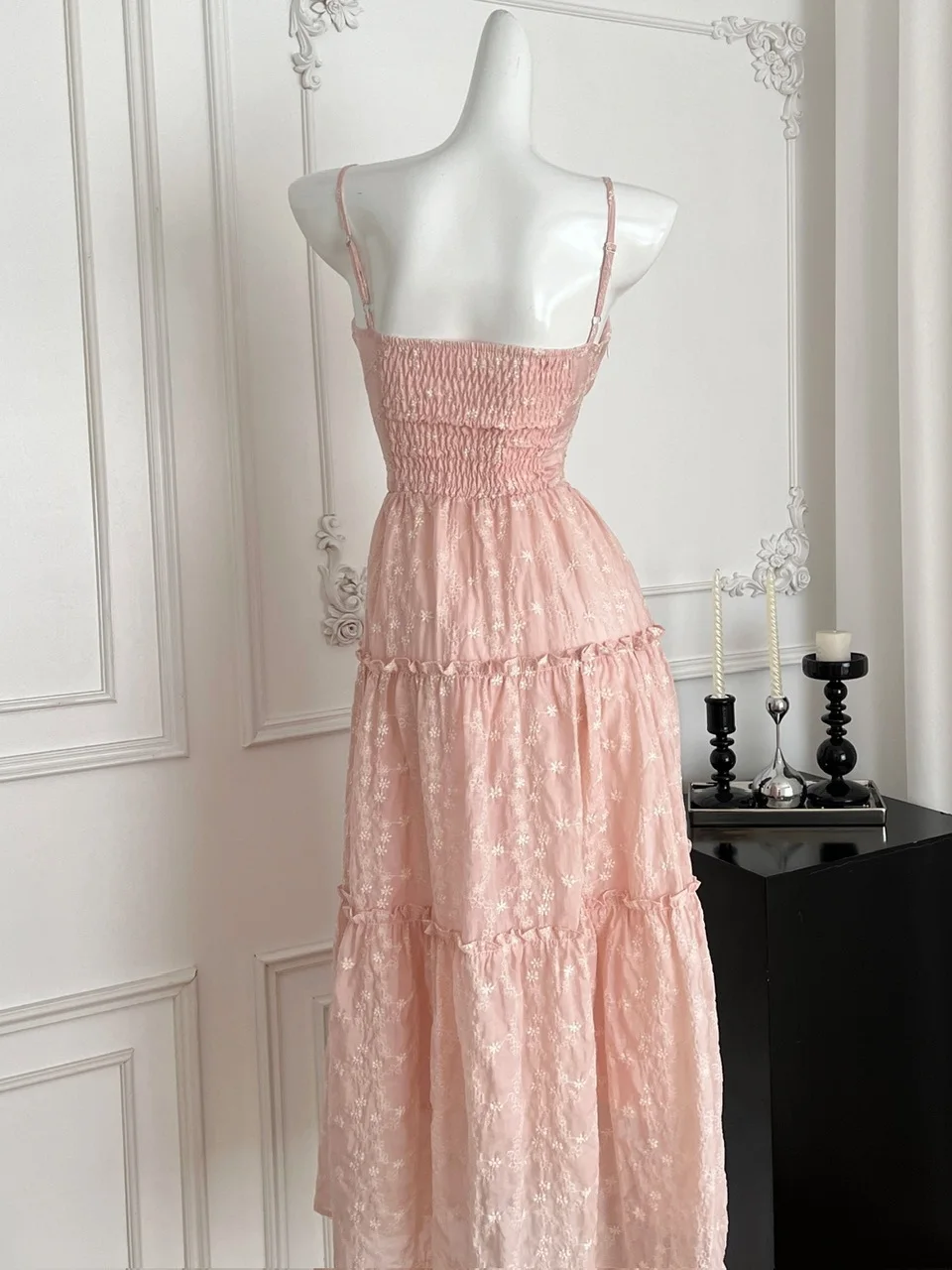 

Pink Lace Trim Long Dr Women's Summer 2025 Gentle Heavy Embroidery Belted Waist Sling Sle Commute Single Piece Regular T...