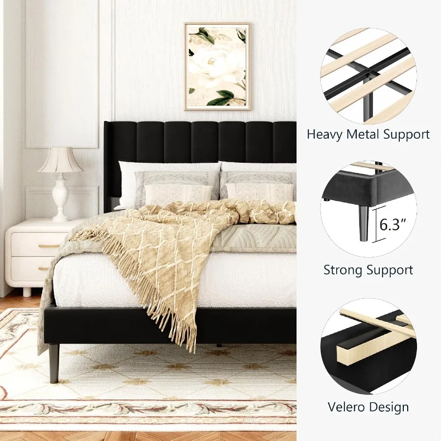 Queen Size Velvet Bed Frame with Vertical Chanel Tufted Headboard and Wingback, Upholstered Platform Bed, Strong Wooden Slats, - view 3
