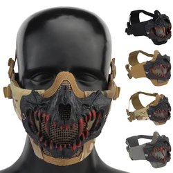 Airsoft Half Face Mask Breathable Steel Mesh Protective Shooting Paintball Mask Halloween Vampire Teeth Fangs Horror Props