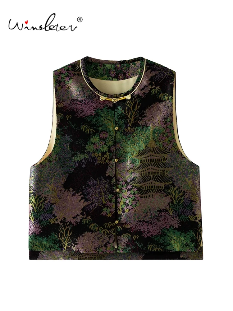 Winsleter-100%Real Silk Song Brocade Elegant Vest Coat, O Neck Geometry, Women Temperament Waistcoat, 2026 Autumn New C69703CC
