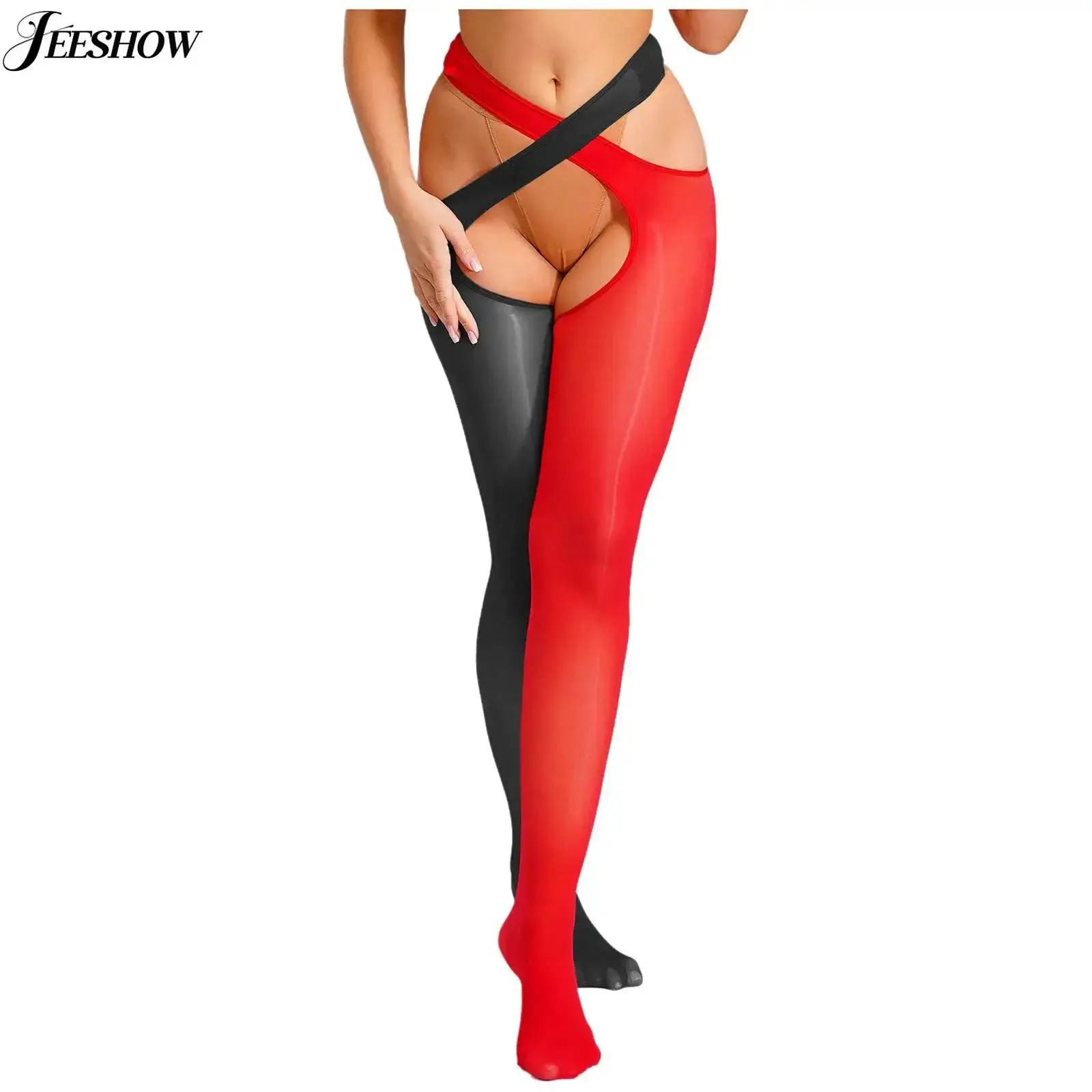 

Женские прозрачные разделенные колготки контрастного цвета, ажурные чулки с перекрещивающейся резинкой на талии и вырезами, чулки на подтяжках, колготки