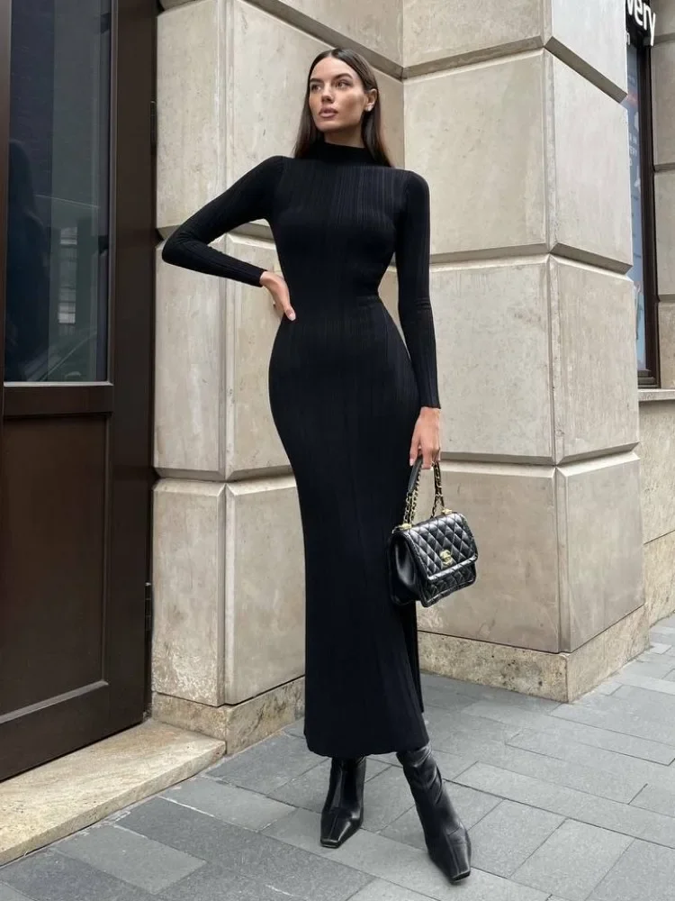 Elegant Turtleneck Knitted Maxi Dress for Women Autumn 2024 Fashion Long Sleeve Bodycon Party Dresses Casual Sweater Dress