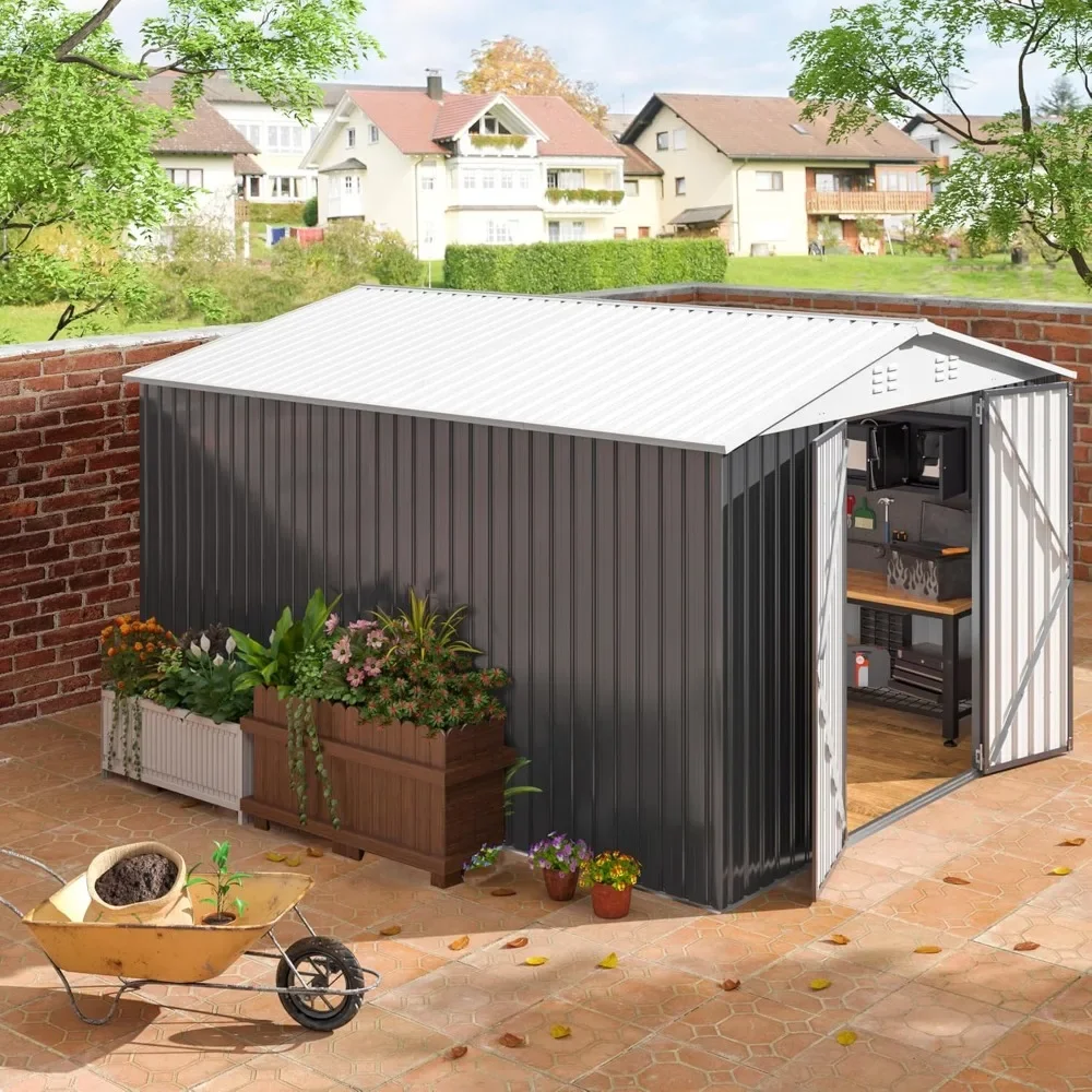 12x10 FT Outdoor Storage Shed, Garden Shed with Updated Frame Structure and Lockable Doors, Metal Tool Sheds for Backyard Garden