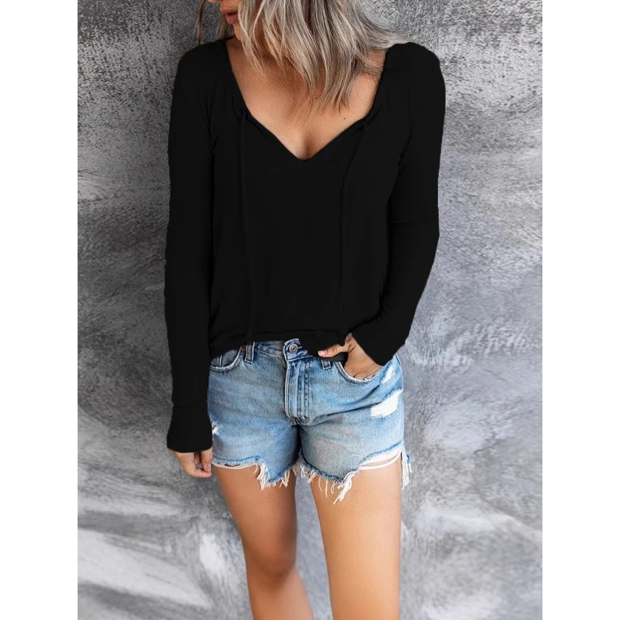 

Casual V-Ne Long Sve T-irt Women's High Waist Nine Points Cotton HanMao Blend Polyester Fabric Commute Sle Top