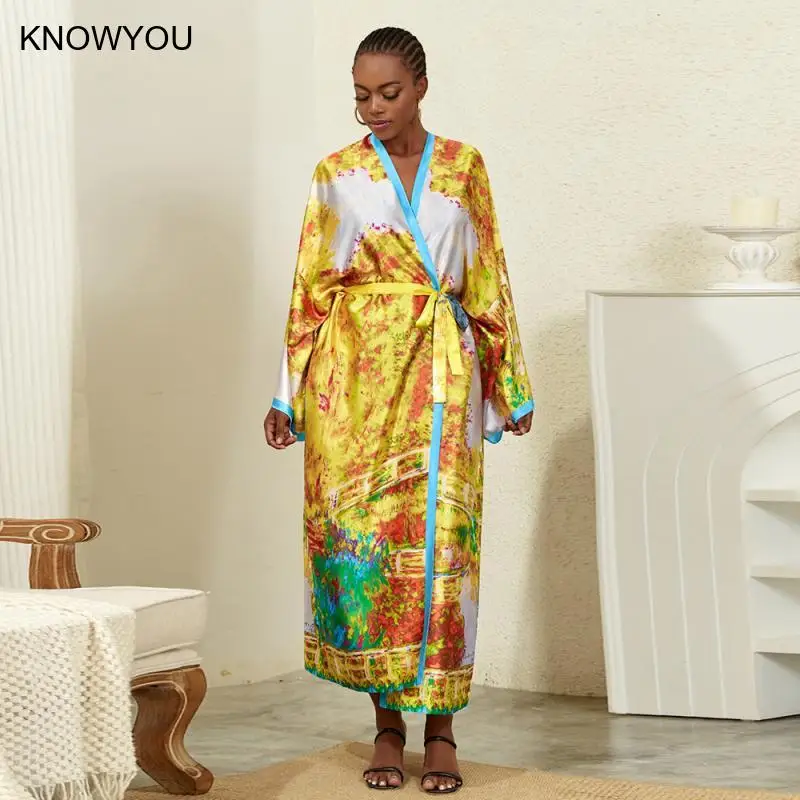 Copricostume bikini stampato in raso Lady Women Kimono Abiti avvolgenti in raso Costumi da bagno Giacca protettiva solare ampia Abbigliamento da casa casual