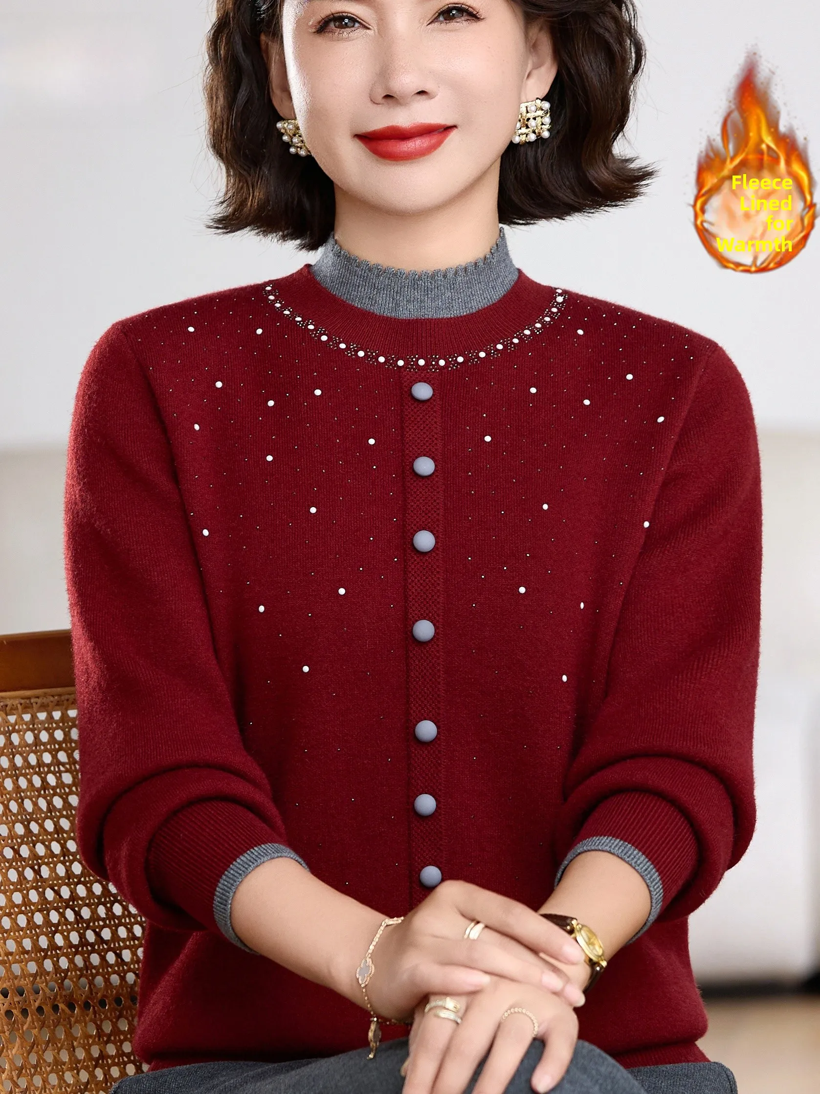 

Женский вязаный свитер Thiened Fce с высоким воротником, зимний теплый топ с украшением жемчуга для среднего возраста и ли