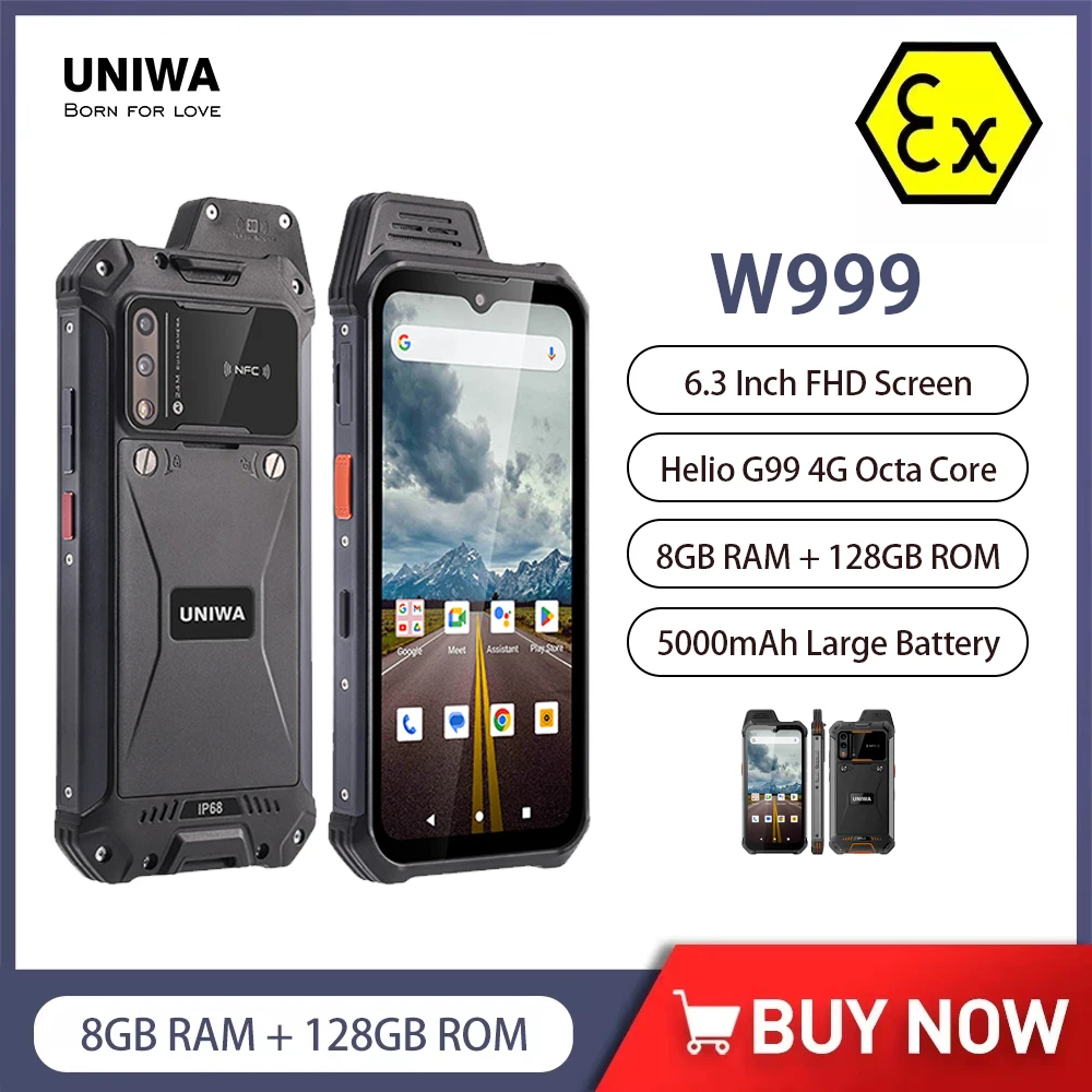 UNIWA W999 Helio G99 견고한 방수 워키토키, 8GB + 128GB 6.3 인치 FHD 5000mAh 스마트폰, 안드로이드 13 NFC 휴대폰 ATEX
