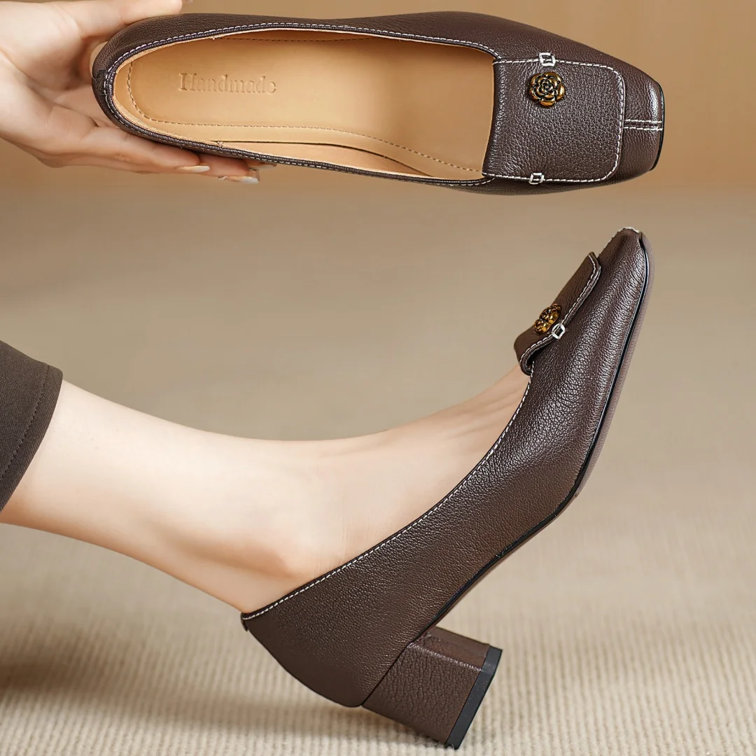 

Женские туфли-лодочки без шнуровки из овчины с квадратным носком, элегантные женские туфли в стиле OL на толстом среднем каблуке 5 см, мягкие удобные туфли высокого качества на каблуке