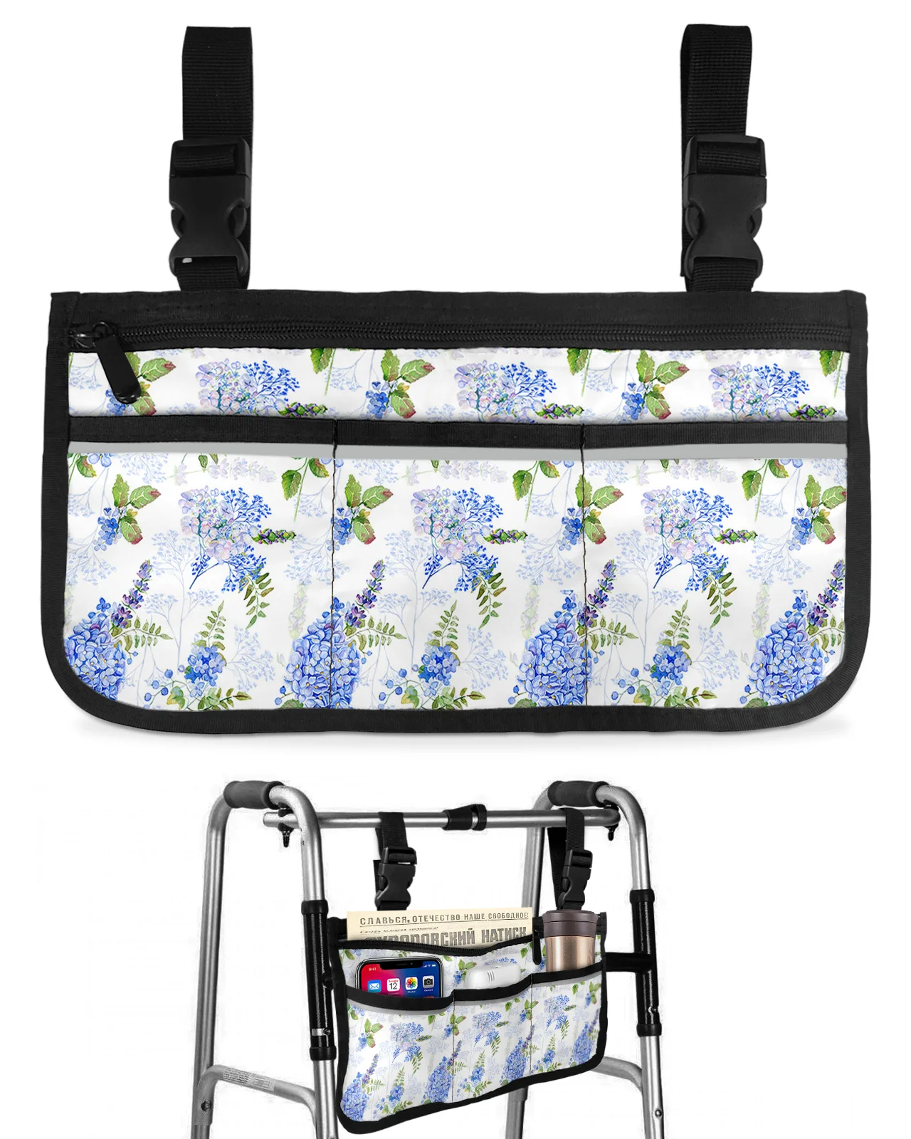 Watercolor Hydrangea Leaves Wheelchair Bag With Pockets Armrest Side Bags Electric Scooter Walking Frame Storage Pouch