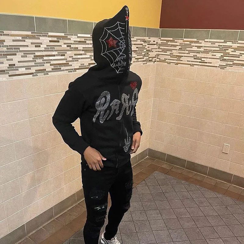 Aesthetic Zipper Hoodie Men Harajuku Rhinestone graphical oversized hoodie for women 2024 casual simple style couple tops