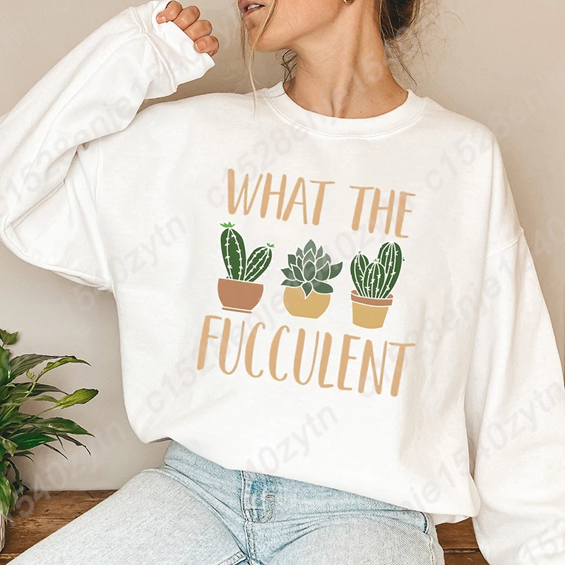 Popular Cactus What The Fucculent Print Hoodless Sweatshirts Women Autumn Winter Fashion Casual Solid Color Round Neck Pullovers