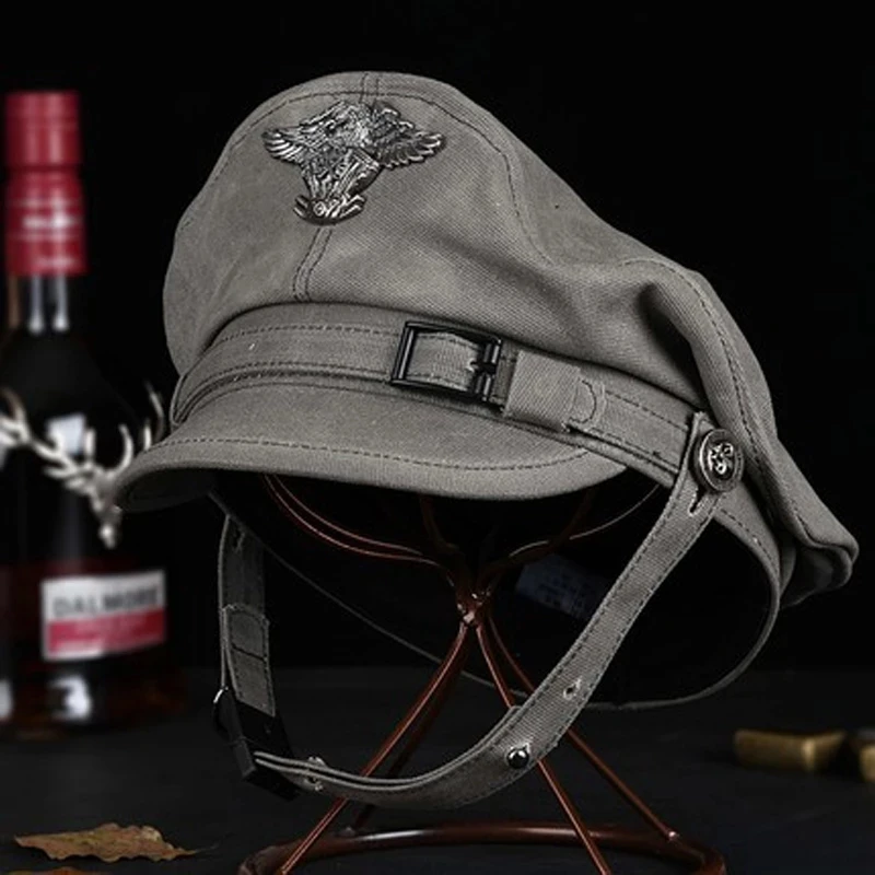 Retro 2024 Navy Peaked Sailor Cap Men Women Spring Army Hat Male Canvas Grey Eagle Belt Locomotive Casquette