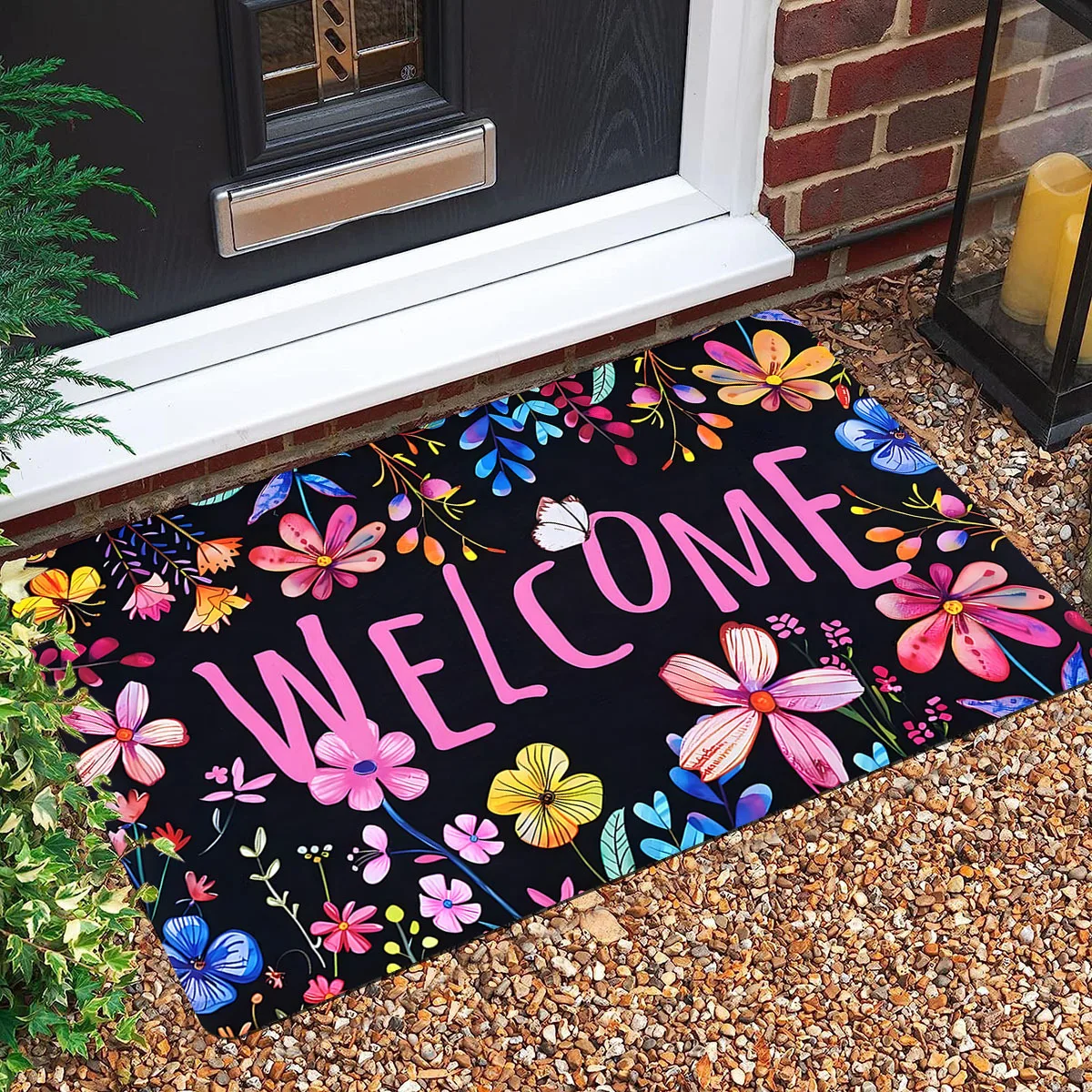 1pc 2D Flat Colorful Flowers Welcome Text Black Background Flannel Door Mat Non Slip Spring Garden Rug For Entryway Porch Floor