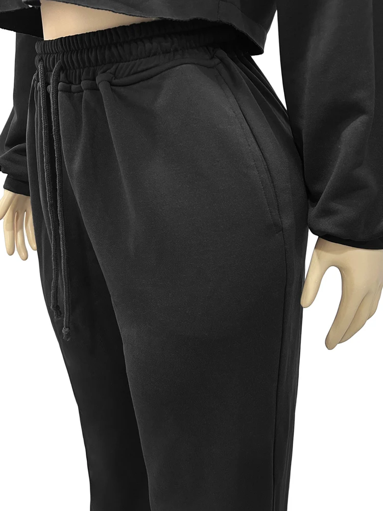JENYAGE Oversized Zweiteiler-Set für Damen, weicher, einfarbiger, bequemer Crop-Hoodie mit Reißverschluss und Kordelzug, weite Jogginghose, Streetwear-Trainingsanzug – Detail 7