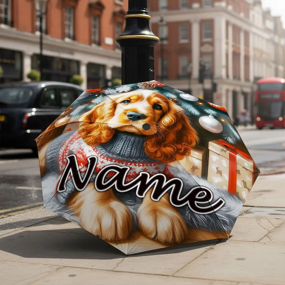 Custom Name Umbrella Cocker Spaniel Puppy Christmas Sweater Xmas Print Folding Umbrella, Portable Travel Parasol For Dog Lovers