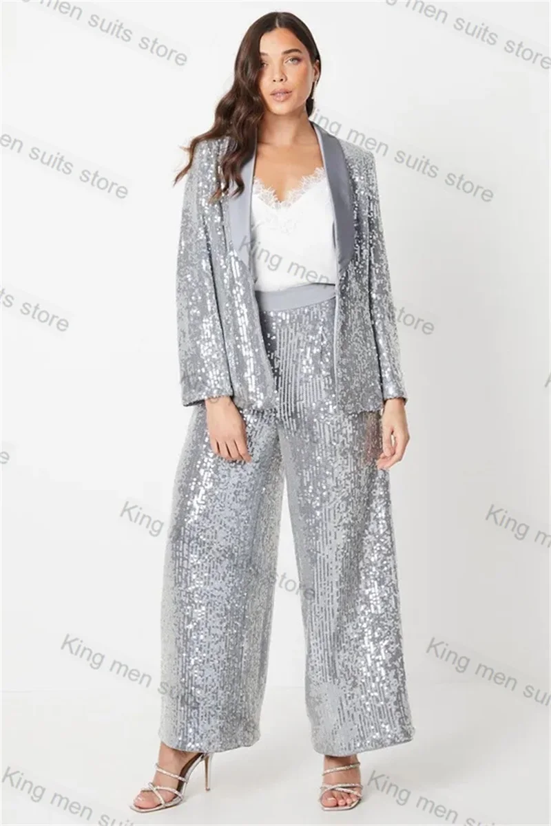 

Silver Sequins Women Suit Set 2 Pcs Blazer+Trouser Satin Lapel Custom Made Shiny Formal Office Lady Wedding Tuxedo Jacket Coat