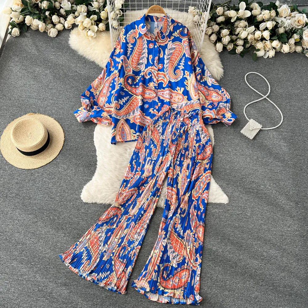 Loungewear Women Floral Casual Elegant 2 Pieces Set Loose Shirts Tops Wide Leg Pant Pajamas Suit Female Fashion Vintage Clothes