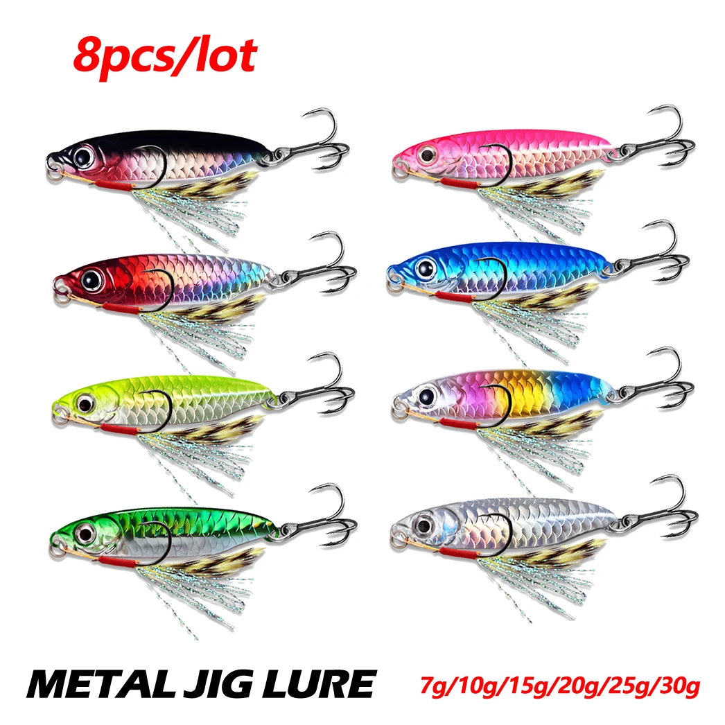 8Pcs Metal Fishing Lure 7g/10g/15g/20g/25g/30g Slow Sinking Fishing Jigs 3D Eyes Laser Fishing Bait with Sharp Hooks for Fishing
