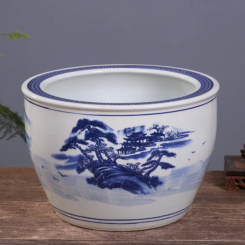 12 Inch Ceramic Planter Asian Blue and White Flowers Plant Pot Outdoor Large Vintage Oriental Pottery Planter Porcelain Big Bowl