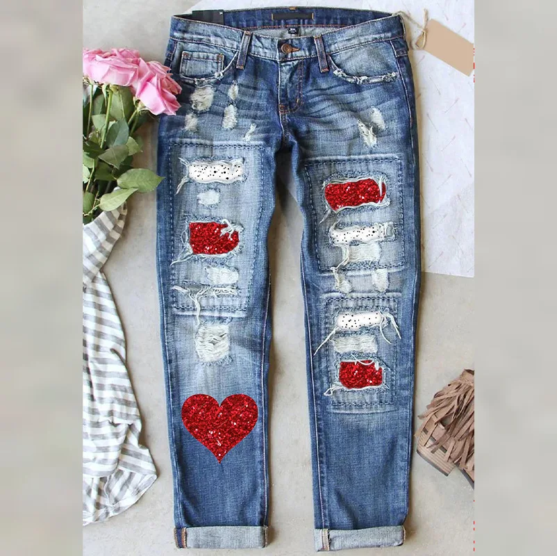 Denim Pants Women Jeans Vintage Washed Mid Waist Straight Trousers Y2k Streetwear Work Casual Distressed Patch Hole Sequins 2026