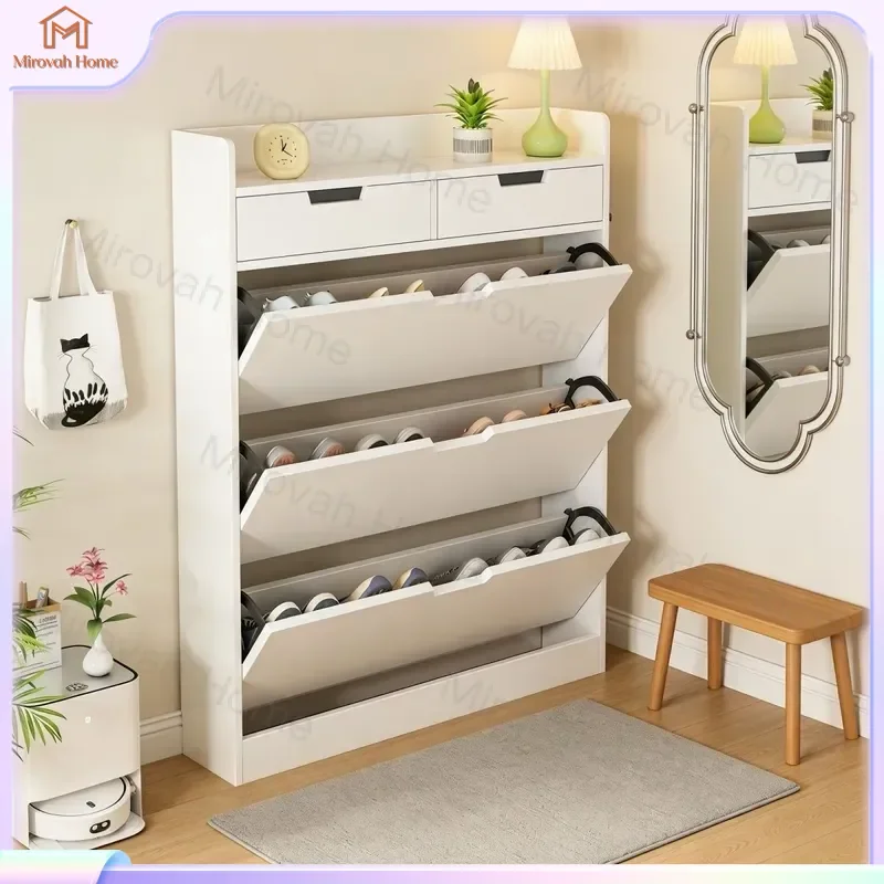 For Ultra Thin Shoe Cabinet Solid Wood Door Storage Furniture Entryway Hallway Organizer With Drawers Modern Home Decor