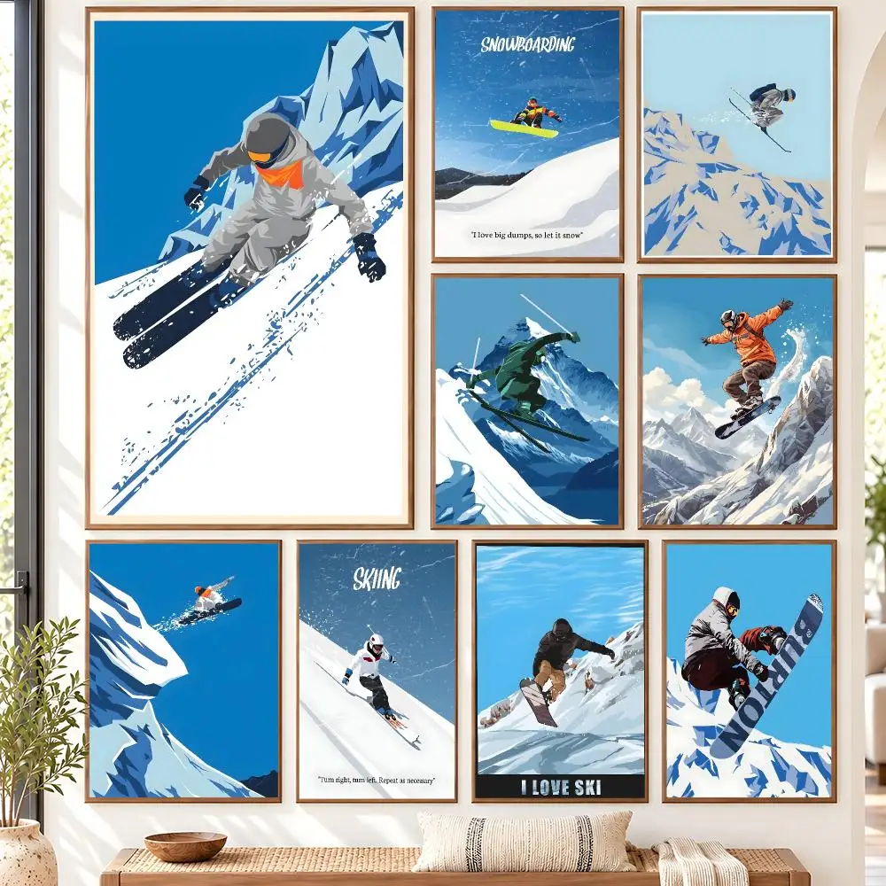 Vintage Minimalist Ski Winter Sports Ski Lodge Cityscape Poster Self Adhesive Matte Wall Art Removable Home Room Decoration