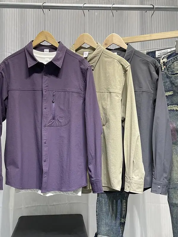 

Мужская повседневная свободная куртка-рубашка с длинным рукавом для активного отдыха, весенняя, фиолетовая, с текстурой, в стиле рабочей одежды, молодежная, модная