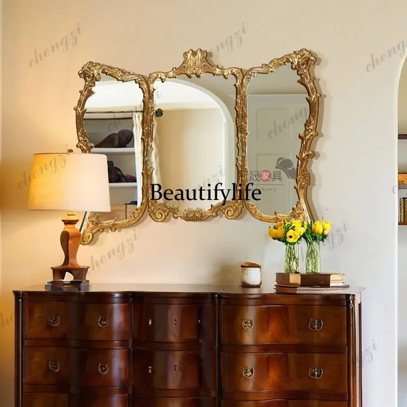 A4567 French retro tri-fold bathroom mirror living room wall hanging carved special-shaped mirror bedroom dresser folding mirror