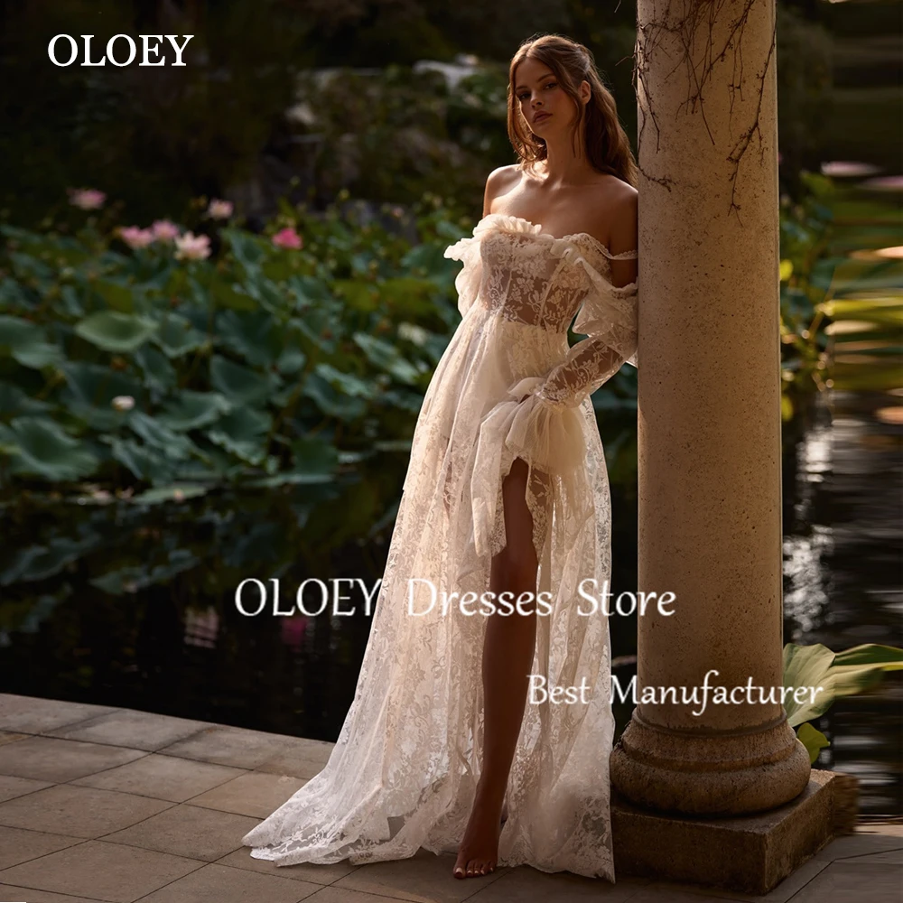 

OLOEY Luxury Lace Off Shoulder Ivory Wedding Dress Floor Length A Line Bridal Gown Ruffles Side Slit Boho Full Sleeve Customized