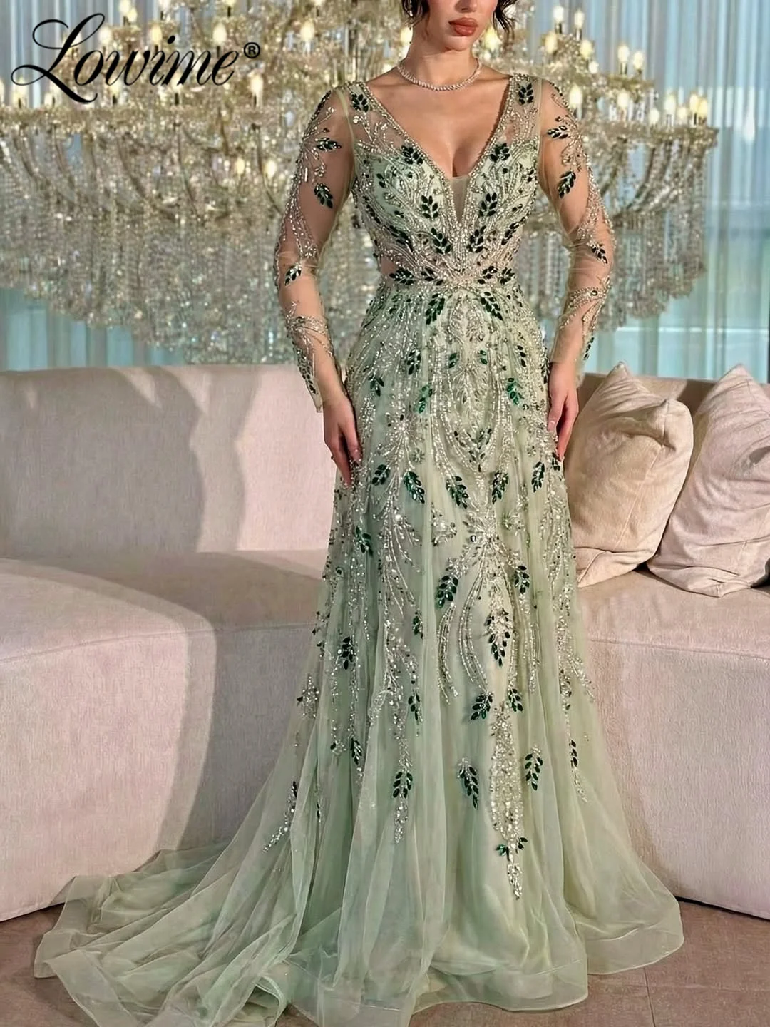 green and champagne dress Gorgeous Arabic Evening Rhinestone Straight Prom Gowns Long Sleeve Party Dresses Customized Formal Robe Kimono silk robe